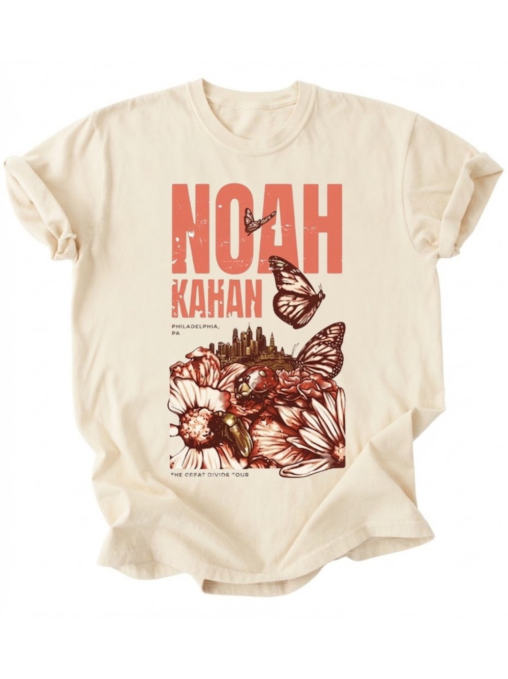 Noah Kahan Tour Philadelphia Butterfly Floral Graphic Cotton Gildan T-Shirt